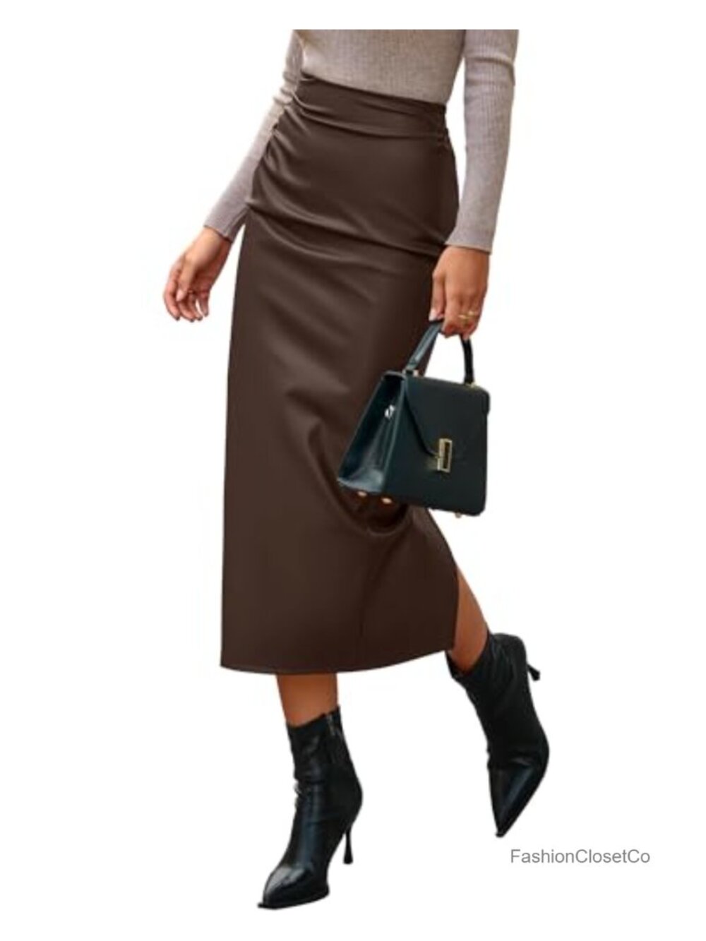 Faux Leather Midi Pencil Skirt High Waisted Business Casual Back Slit